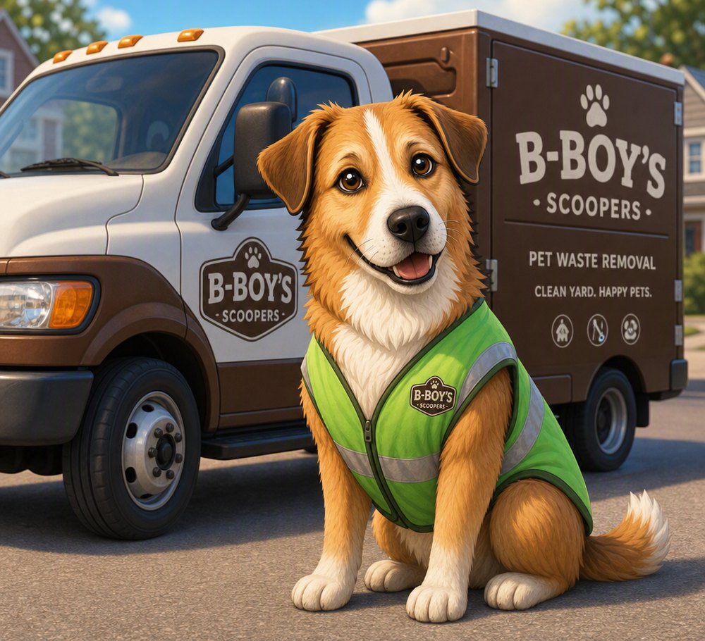 B-BOY'S SCOOPERS mascot dog in a green vest beside the company truck in Conroe, TX