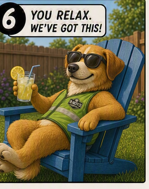 B-BOY'S SCOOPERS mascot dog relaxing in a chair — you relax, we've got this