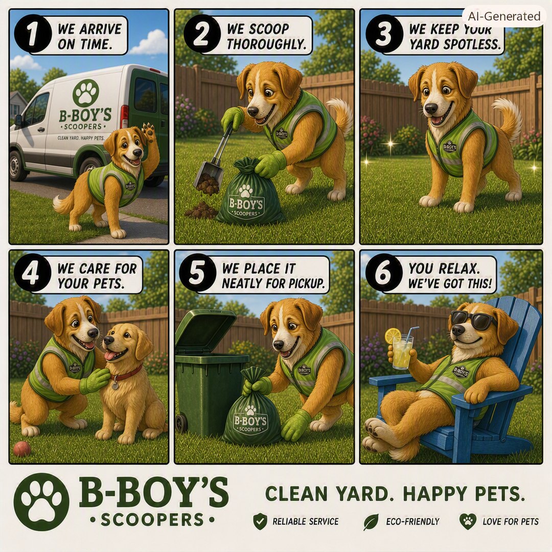 How B-BOY'S SCOOPERS works in six steps: 1) We arrive on time. 2) We scoop thoroughly. 3) We keep your yard spotless. 4) We care for your pets. 5) We place it neatly for pickup. 6) You relax, we've got this!